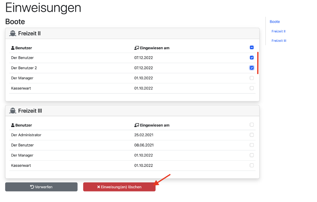 Übersicht der Einweisungen